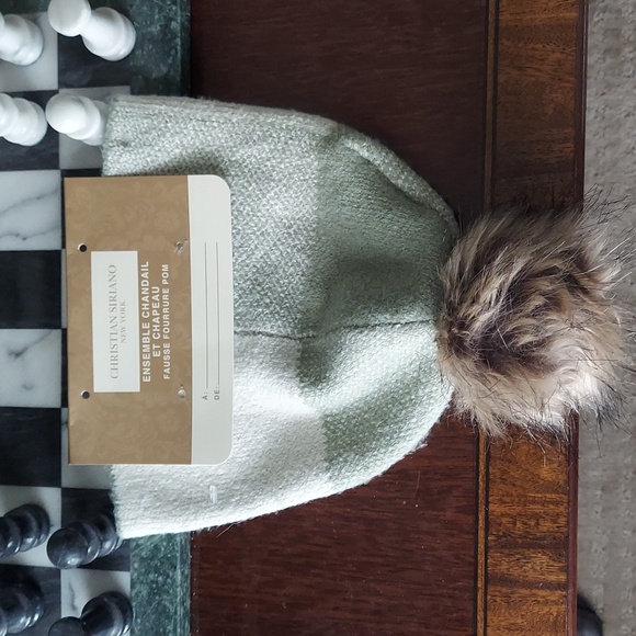 CHRISTIAN SIRIANO NEW YORK Cashmere Fur Plaid Beanie Avacado/Cream O/S BNWT SO - Picture 1 of 5